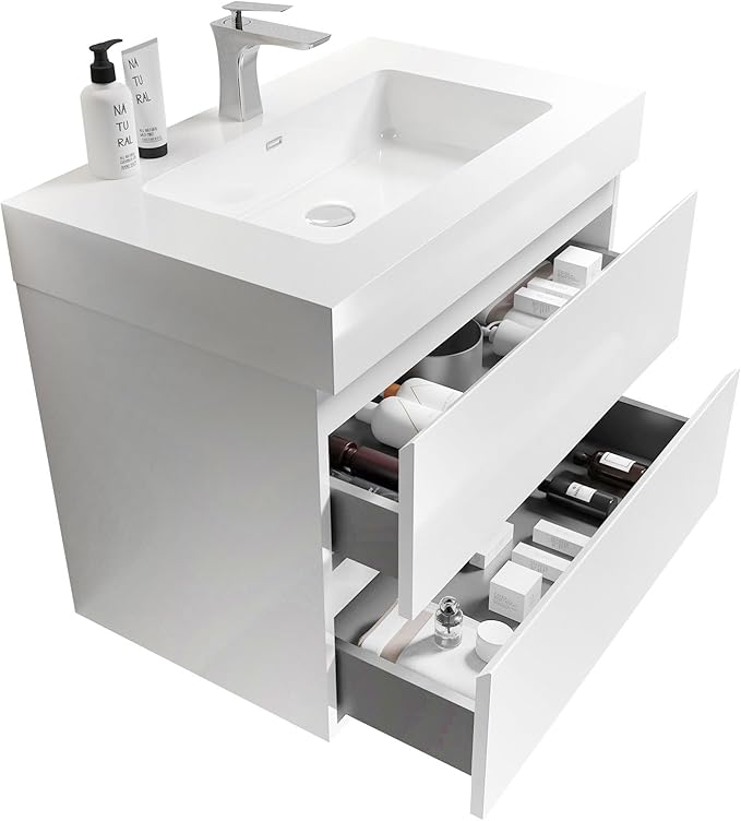 30" Floating Bathroom Vanity with Sink, Modern Bathroom Cabinet with Top and Soft Close Drawers, Spacious Storage for Small Space, White - Lavanda Collection