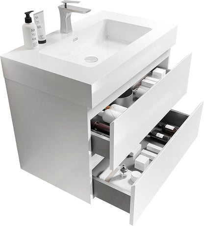 30" Floating Bathroom Vanity with Sink, Modern Bathroom Cabinet with Top and Soft Close Drawers, Spacious Storage for Small Space, White - Lavanda Collection