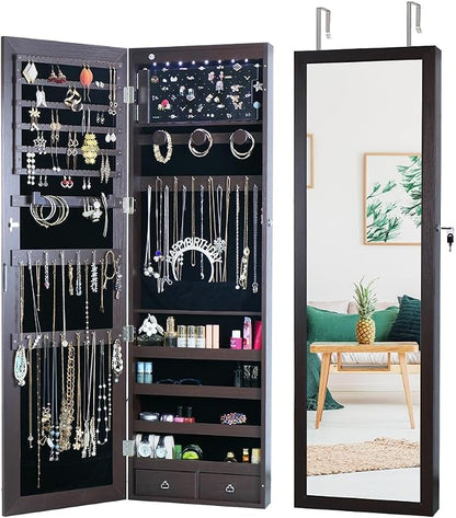 8 LED Lights Jewelry Armoire with Mirror Cabinet Door/Wall Mounted | 47.3' H Mirror With Storage And 2 Drawers - Brown