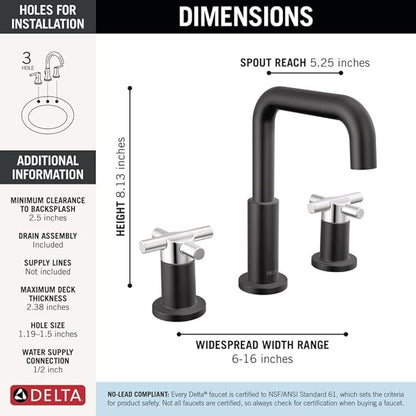 Delta Nicoli Matte Black/Chrome Bathroom Faucet 3 Hole, 8 Inch Widespread Bathroom Sink Faucet for Vanity, Push-Pop Drain Assembly, Matte Black/Chrome 35894LF-CS