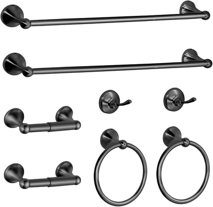 8 Pieces Bathroom Hardware Set Brushed Nickel Adjustable Expandable Towel Bars Towel Ring Wall Mount Toilet Paper Holder Towel Hooks Towel Racks Hand Towel Holder (8 Pcs Black)