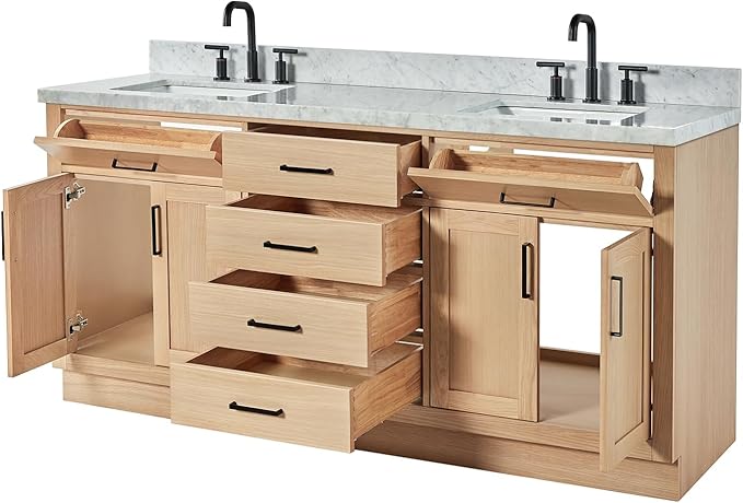 DKB Isabella 72" Oak Double Bathroom Vanity with Sink, 1.5" Carrara White Marble Countertop, Rectangle Undermount Sinks, 4 Soft Closing Doors, 6 Dovetail Drawers