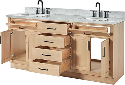 DKB Isabella 72" Oak Double Bathroom Vanity with Sink, 1.5" Carrara White Marble Countertop, Rectangle Undermount Sinks, 4 Soft Closing Doors, 6 Dovetail Drawers