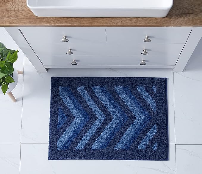 Hearth & Harbor Bathroom Rugs, Shaggy Plush Bath Mat, Ultra Soft Non Slip Backing Rubber, Chevron Design Bath Rug, Blue, 17 x 24 Inch
