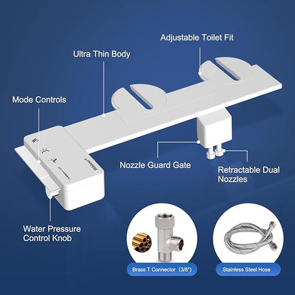 Hibbent Ultra-Slim Bidet Attachment for Toilet, Non-Electric Self Cleaning Bidet Toilet Seat, Adjustable Fresh Cold Water Pressure Bidet Sprayer, Retractable Dual Nozzles for Rear & Feminine Wash