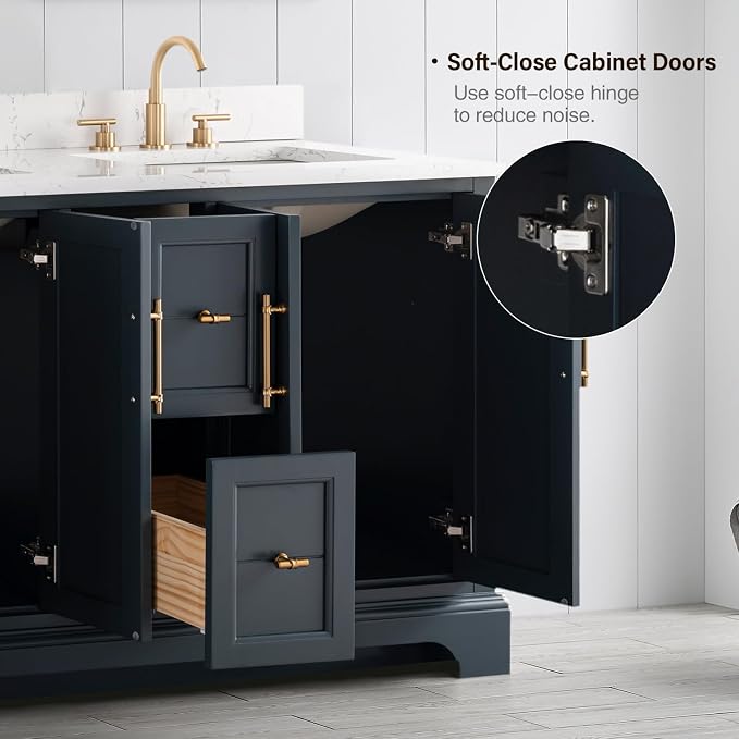 Vanity Art 54 Inch Bathroom Vanity with Double Sink, Vintage Green | Solid Wood, Ceramic Sink, Marble Top, Waterproof Backsplash, Pre-assembled, Soft-close Doors, Ample Storage, Freestanding