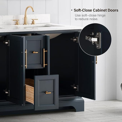 Vanity Art 54 Inch Bathroom Vanity with Double Sink, Vintage Green | Solid Wood, Ceramic Sink, Marble Top, Waterproof Backsplash, Pre-assembled, Soft-close Doors, Ample Storage, Freestanding