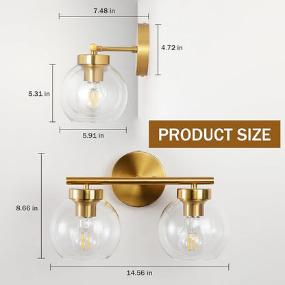 Gold Vanity Light, 2 Light Bathroom Vanity Light with Clear Globe Glass Shades, Modern Bathroom Light Fixture Over Mirror, Brass Wall Sconce Light for Bedroom Restroom, E26 Socket