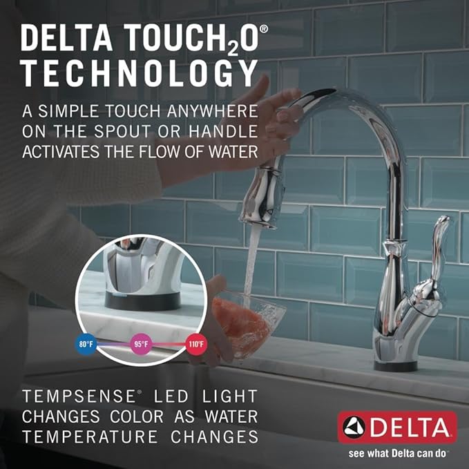 Delta Leland Chrome Touch Kitchen Faucet with Pull Down Sprayer, Traditional Single Hole Touch On Kitchen Sink Faucet, Single Handle, Chrome 9178T-DST