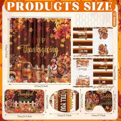 FuWeave 8 Pcs Happy Thanksgiving Shower Curtain Set, Rustic Turkey Pumpkin Farmhouse Bathroom Decor, Non-Slip Bath Rug, U Mat, Toilet Lid Cover, Hand Towels & 12 Hooks, Autumn Fall Harvest Home Decor