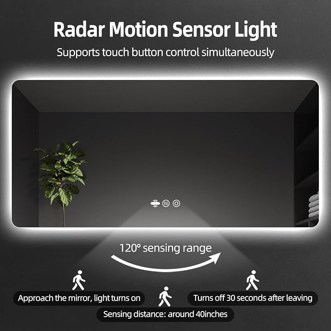 66" x 36" LED Bathroom Mirror with Lights - Motion Sensor | Smart Backlit Mirror, Anti-Fog, 3-Color Stepless Dimmable Lighted Mirror, Memory Function, Rounded-Corner Rectangle, CRI≥93