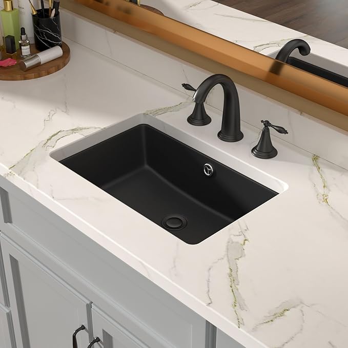 Lordear Black Undermount Bathroom Sink 18x12 Inch Black Bathroom Sinks Vanity Undermount Rectangle Porcelain Ceramic Sinks Under Counter Lavatory Sink Basin with Overflow