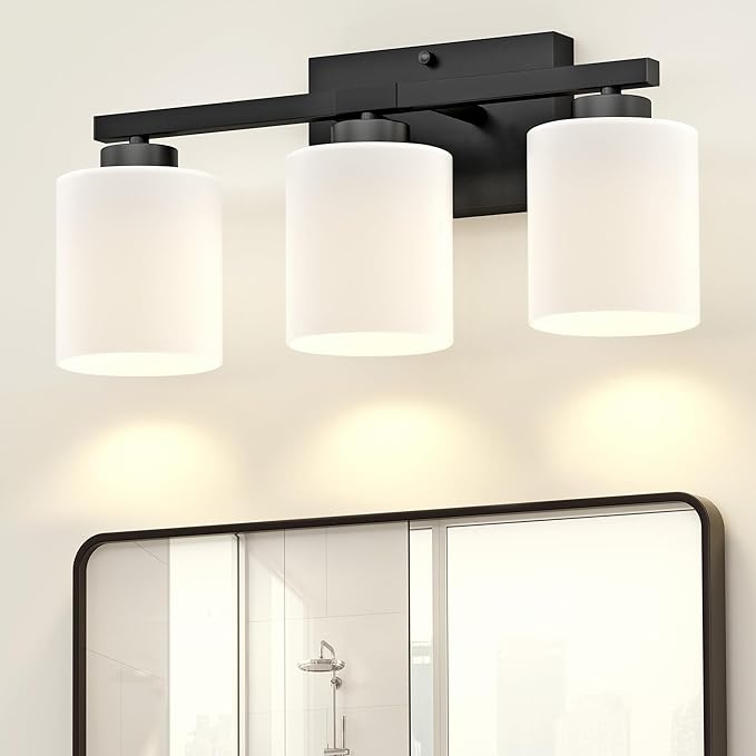 Honesorn Bathroom Light Fixtures Black, 3-Light Vanity Lights Over Mirror | Modern Bathroom Vanity Light, Frosted Shades, Bathroom Lights Over Mirror, E26 Socket (Bulbs Not Included)