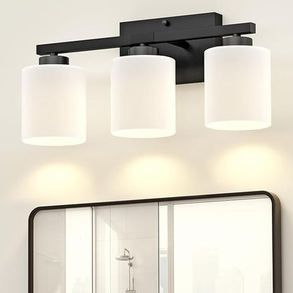 Honesorn Bathroom Light Fixtures Black, 3-Light Vanity Lights Over Mirror | Modern Bathroom Vanity Light, Frosted Shades, Bathroom Lights Over Mirror, E26 Socket (Bulbs Not Included)