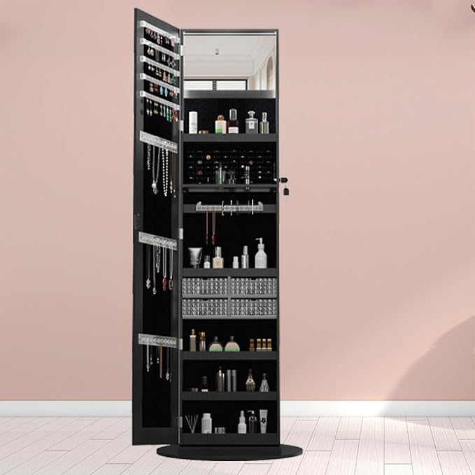 Jewelry Armoire with Full Length Mirror - 360° Swivel Standing Floor Mirror Jewelry Cabinet, Lockable Storage Organizer, 3 Shelves & Drawers,Tall Mirror with Storage for Women (Black)