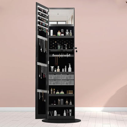 Jewelry Armoire with Full Length Mirror - 360° Swivel Standing Floor Mirror Jewelry Cabinet, Lockable Storage Organizer, 3 Shelves & Drawers,Tall Mirror with Storage for Women (Black)