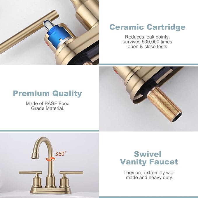WOWOW Brushed Gold Bathroom Faucet 4 Inch Ceterset Bathroom Sink Faucet 3 Hole Vanity Faucet 2 Handle Basin Faucet with Drain Tall Mixer Tap Modern