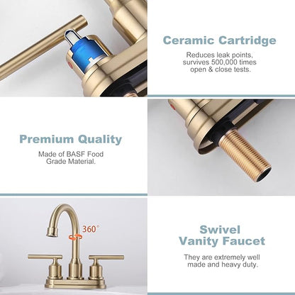 WOWOW Brushed Gold Bathroom Faucet 4 Inch Ceterset Bathroom Sink Faucet 3 Hole Vanity Faucet 2 Handle Basin Faucet with Drain Tall Mixer Tap Modern