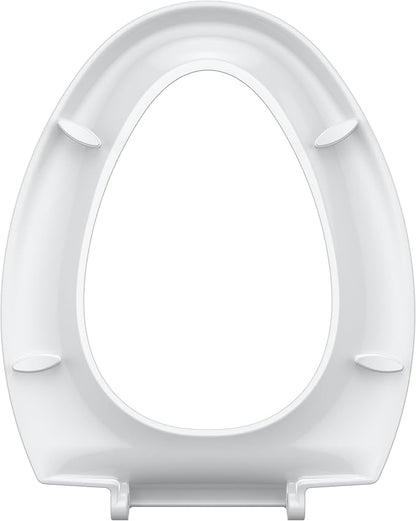 19" Elongated Toilet Seat with Quiet-Close Lid, Soft Close Slow Close Cover with Quick-Release & Quick-Attach Hardware, Full Flat White, Easy Clean Design, Grip-Tight Bumpers