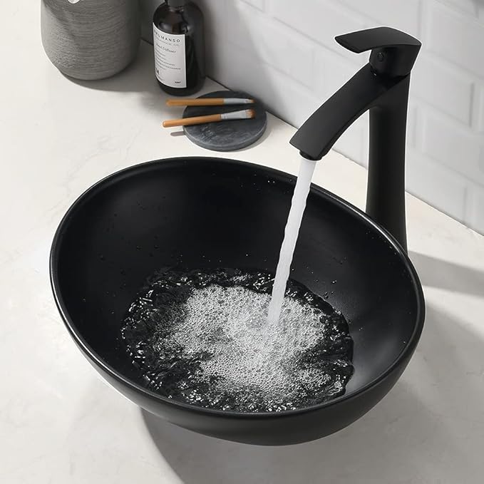 16x13 Matte Black Vessel Sink With Faucet and Drain Combo - Oval Porcelain Ceramic Above Counter Bathroom Sink
