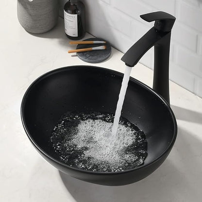 16x13 Matte Black Vessel Sink With Faucet and Drain Combo - Oval Porcelain Ceramic Above Counter Bathroom Sink