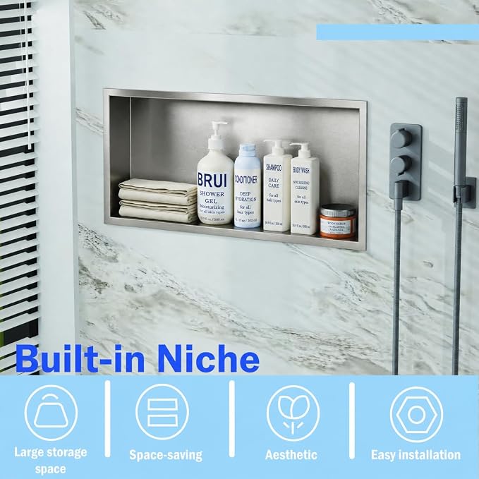 No Tile Needed Shower Niche for Shower Room Storage,Recessed Wall Niche Insert,Stainless Steel 304 (Brush, 12 * 24 in)