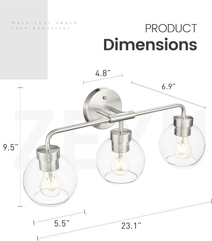 zeyu Brushed Nickel 23-Inch 3-Light Bathroom Mirror Light, ZS62BG-3W BN | Brushed Nickel Globe Vanity Light, 23-Inch 3-Light Design, Clear Globe Glass, Three E26 Bulbs Up To 60W Each, ETL Listed