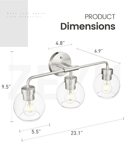 zeyu Brushed Nickel 23-Inch 3-Light Bathroom Mirror Light, ZS62BG-3W BN | Brushed Nickel Globe Vanity Light, 23-Inch 3-Light Design, Clear Globe Glass, Three E26 Bulbs Up To 60W Each, ETL Listed