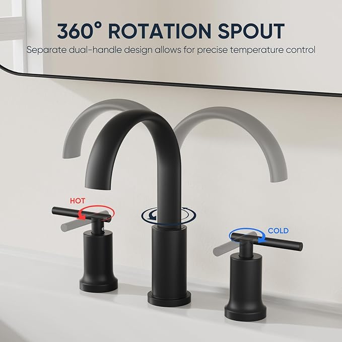 Matte Black Waterfall Bathroom Faucet 3 Hole, Widespread Two Handle Bathroom Sink Faucet Vanity Faucet, 8 Inch Bathroom Faucets for Sink with cUPC Supply Lines and Pop-Up Drain