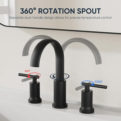 Matte Black Waterfall Bathroom Faucet 3 Hole, Widespread Two Handle Bathroom Sink Faucet Vanity Faucet, 8 Inch Bathroom Faucets for Sink with cUPC Supply Lines and Pop-Up Drain
