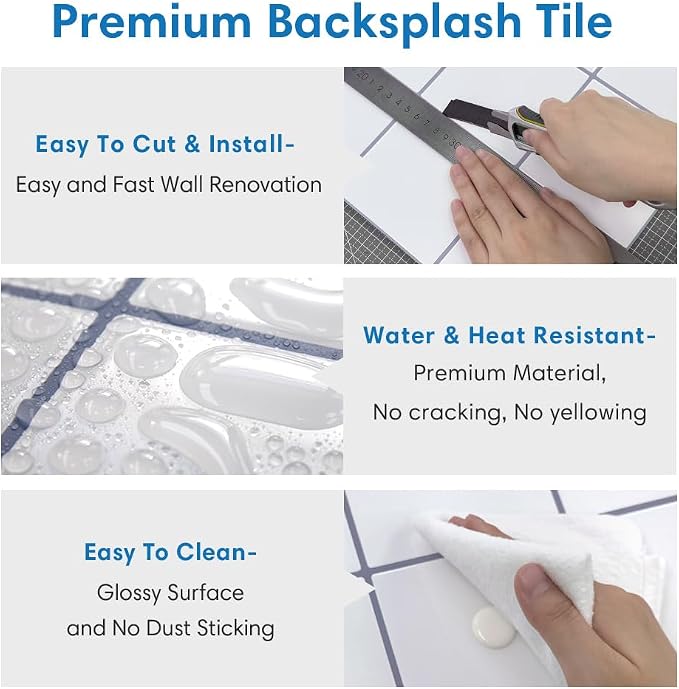 Thicker Peel and Stick 3D Backsplash Tiles Kitchen Bathroom | White, 10 Pcs 12" x 12", Glossy Self Adhesive Decorative Vinyl Backsplash Wall Sticker, Cover 10 sq ft，Removable，Waterproof