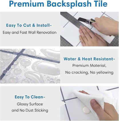Thicker Peel and Stick 3D Backsplash Tiles Kitchen Bathroom | White, 10 Pcs 12" x 12", Glossy Self Adhesive Decorative Vinyl Backsplash Wall Sticker, Cover 10 sq ft，Removable，Waterproof