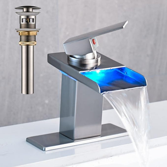 LED Bathroom Sink Faucet, Brushed Nickel Waterfall Single Hole Handle Vanity Faucets for Sinks 1 Hole with Metal Pop Up Drain and 2 Water Supply Lines, Stainless Steel Spout