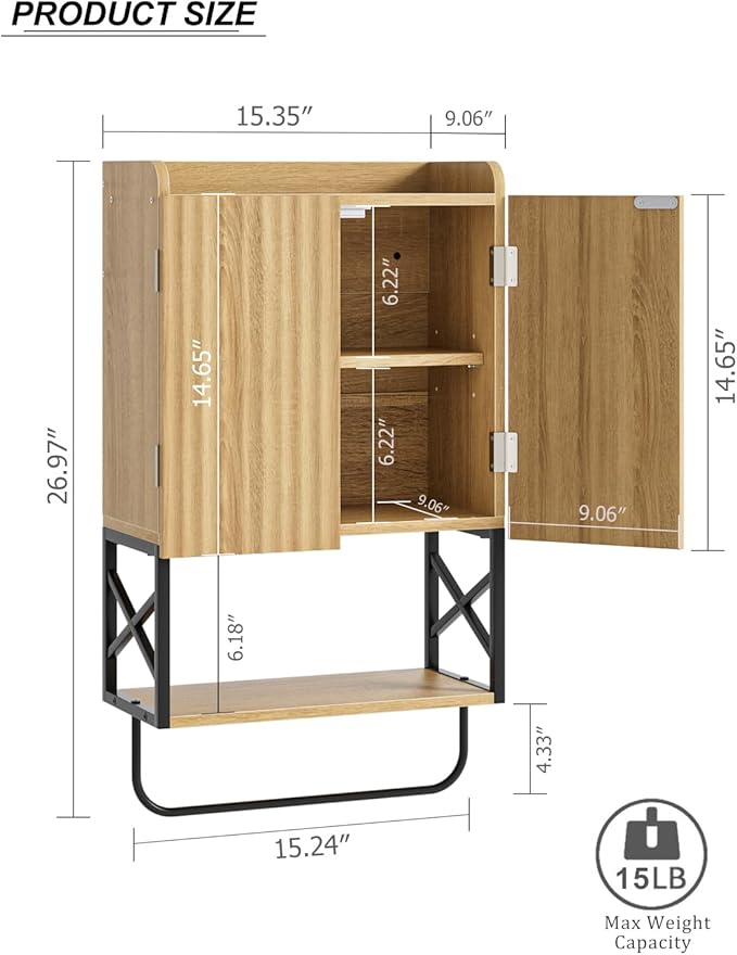 Masupu Bathroom Cabinet Wall Mounted, Wooden Medicine Cupboard with Adjustable Shelves, Space-Saving Wall Storage Unit for Bathroom, Kitchen and Living Room (9" D x 15.35" W x 27.16" H,Modern Oak)