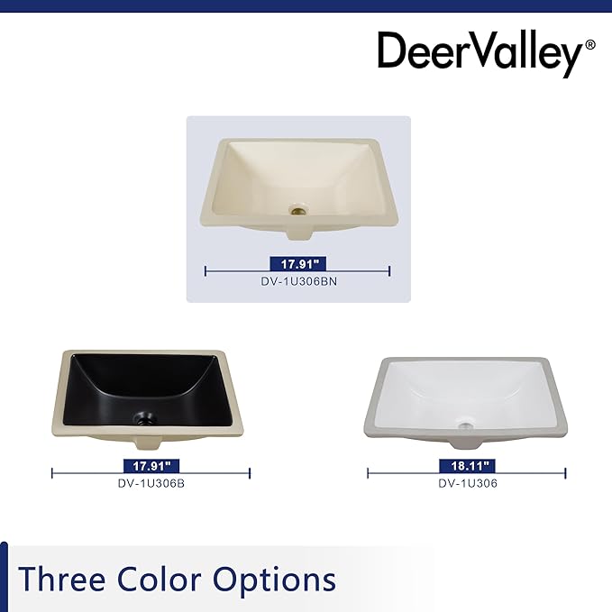 DeerValley DV-1U306BN Undermount Bathroom Sink 18'' x 13'' Rectangular Ceramic Sink Bathroom Wash Basin with Overflow Hole