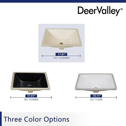 DeerValley DV-1U306BN Undermount Bathroom Sink 18'' x 13'' Rectangular Ceramic Sink Bathroom Wash Basin with Overflow Hole