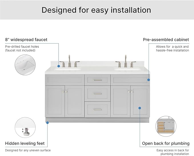 ARIEL Hamlet 72-inch Bathroom Vanity with Sink,Solid Wood, 1.5-inch Carrara White Quartz Countertop & Backsplash, Double Rectangular Porcelain Sink, 4 Soft Closing Doors, 3 Dovetail Drawers, Grey
