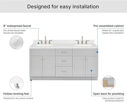 ARIEL Hamlet 72-inch Bathroom Vanity with Sink,Solid Wood, 1.5-inch Carrara White Quartz Countertop & Backsplash, Double Rectangular Porcelain Sink, 4 Soft Closing Doors, 3 Dovetail Drawers, Grey