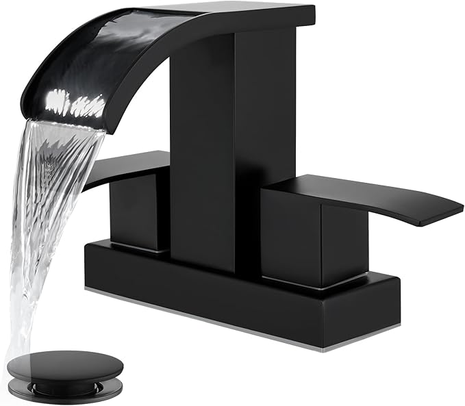 gotonovo Waterfall 4 Inch Centerset Bathroom Sink Faucet 2 Handle Basin Faucets 2 or 3 Hole Deck Mount with Pop Up Drain Included Lavatory Modern Mixer Tap Vanity Faucet Matte Black