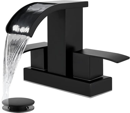 gotonovo Waterfall 4 Inch Centerset Bathroom Sink Faucet 2 Handle Basin Faucets 2 or 3 Hole Deck Mount with Pop Up Drain Included Lavatory Modern Mixer Tap Vanity Faucet Matte Black