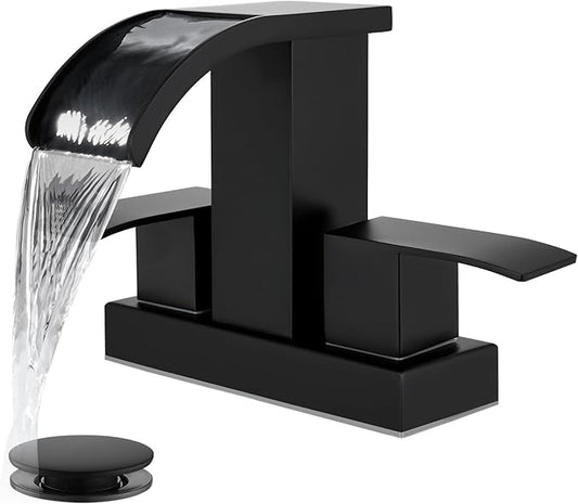 gotonovo Waterfall 4 Inch Centerset Bathroom Sink Faucet 2 Handle Basin Faucets 2 or 3 Hole Deck Mount with Pop Up Drain Included Lavatory Modern Mixer Tap Vanity Faucet Matte Black