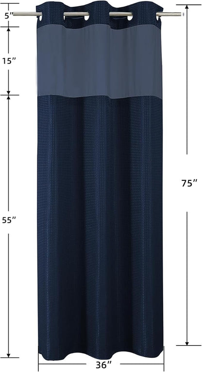 Colorful Star Navy Blue No Hook Waffle Shower Curtain Set, 36" W x 75" L | Waterproof Shower Curtain with Snap in Fabric Liner and Mesh Top Window, Hotel Style Heavy Duty Thick Bathroom Curtain