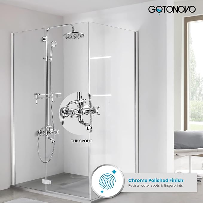 gotonovo Exposed Shower System with Shelf 2 Cross Handle Polished Chrome | Bathroom Brass Shower Faucet Set,8’’ Rainfall Head with Handheld Sprayer,SUS304 Shelf,6’’ Hole Distance,Adjustable Height