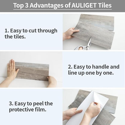 AULIGET 20-Piece Peel and Stick Backsplash Wall Tiles, 6" x 12" Vintage Wood PVC Faux Stone Stick on Tiles for Backsplash Kitchen