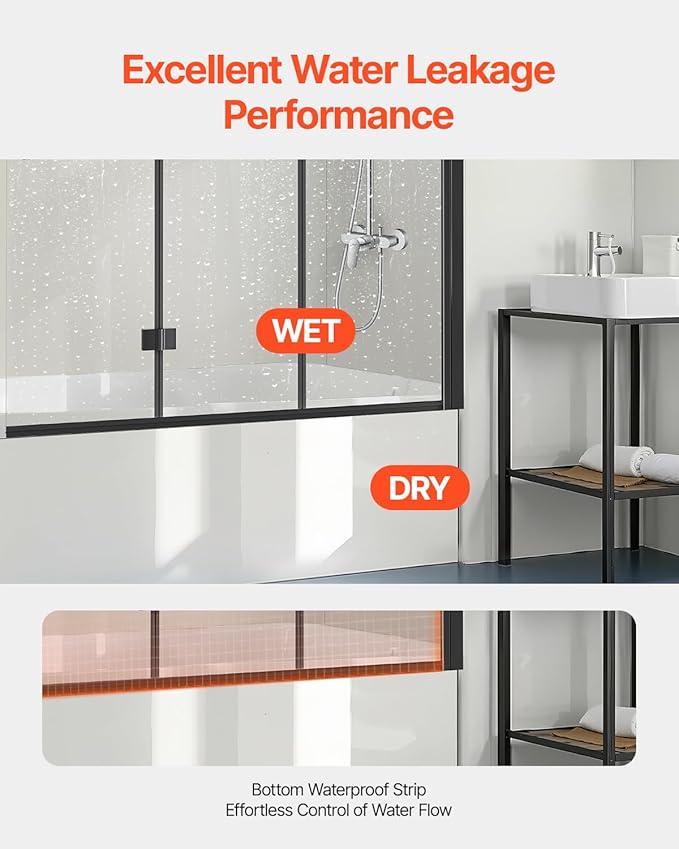 VEVOR Bathtub Shower Door, 51" W x 56" H, Frameless Foldable Hinged Shower Door, Tri-Fold Shower Glass Door with 1/4 in Tempered Glass Door, 180°Rotating and Folding Design, for Bathtub, Black