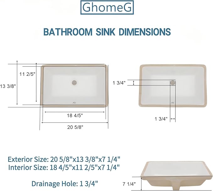 21 Inch Undermount Bathroom Sink Rectangular - 21"x13" White Rectangle Porcelain Ceramic Vessel Sink with Overflow,Under Counter Lavatory Vanity