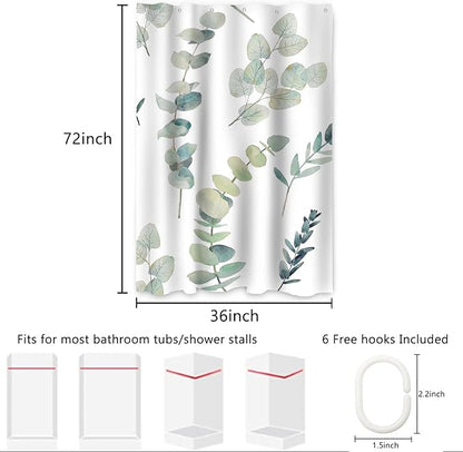 AWERT Small Half Size Stall Shower Curtain with 6 Hooks Green Leaves Shower Stall Curtain 36 x 72 Boho 36 inch Shower Curtain for Bathroom/RV and Camper
