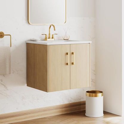 24 Inch Oak Floating Bathroom Vanity, Pre-Assembled Wall-Mounted Cabinet with 2 Soft-Close Doors & 3 Hole Ceramic Sink, No Faucet,BV08-24-OAK