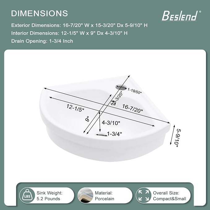 Triangle Corner Wall Mount Sink | Beslend 16"x15" Inch White Ceramic Vessel Sink, Triangle Corner Art Basin with Single Hole，Small Space-Saving Bathroom Sinks