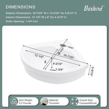 Triangle Corner Wall Mount Sink | Beslend 16"x15" Inch White Ceramic Vessel Sink, Triangle Corner Art Basin with Single Hole，Small Space-Saving Bathroom Sinks